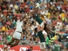 South Africa's Siviwe Soyizwapi catches a kick off against USA's Matai Leuta on day two of the HSBC World Rugby Sevens Series in Singapore on 14 April, 2019. Photo credit: Mike Lee - KLC fotos for World Rugby