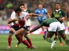 Japan captain Chihito Matsui attacks against the South Africa defense on day one of the HSBC Cape Town Sevens 2019 men's competition on 13 December, 2019. Photo credit: Mike Lee - KLC fotos for World Rugby