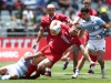 Wales' Morgan Sieniawski is caught by the Argentina defense on day two of the HSBC Cape Town Sevens 2019 men's competition on 14 December, 2019. Photo credit: Mike Lee - KLC fotos for World Rugby