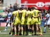 Australia team huddle prior to the game against Argentina on day one of the HSBC New Zealand Sevens 2020 men's competition at FMG Stadium Waikato on 25 January, 2020 in Hamilton, New Zealand. Photo credit: Mike Lee - KLC fotos for World Rugby