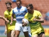 Australia's Lewis Holland attacks against the Argentina defense on day one of the HSBC New Zealand Sevens 2020 men's competition at FMG Stadium Waikato on 25 January, 2020 in Hamilton, New Zealand. Photo credit: Mike Lee - KLC fotos for World Rugby