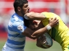 Australia German Schulz captain Nick Malouf charges against Argentina's  on day one of the HSBC New Zealand Sevens 2020 men's competition at FMG Stadium Waikato on 25 January, 2020 in Hamilton, New Zealand. Photo credit: Mike Lee - KLC fotos for World Rugby