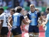 Argentina's Luciano Gonzalez and Matías Osadczuk celebrate the win over Fiji on day two of the HSBC New Zealand Sevens 2020 men's competition at FMG Stadium Waikato on 26 January, 2020 in Hamilton, New Zealand. Photo credit: Mike Lee - KLC fotos for World Rugby
